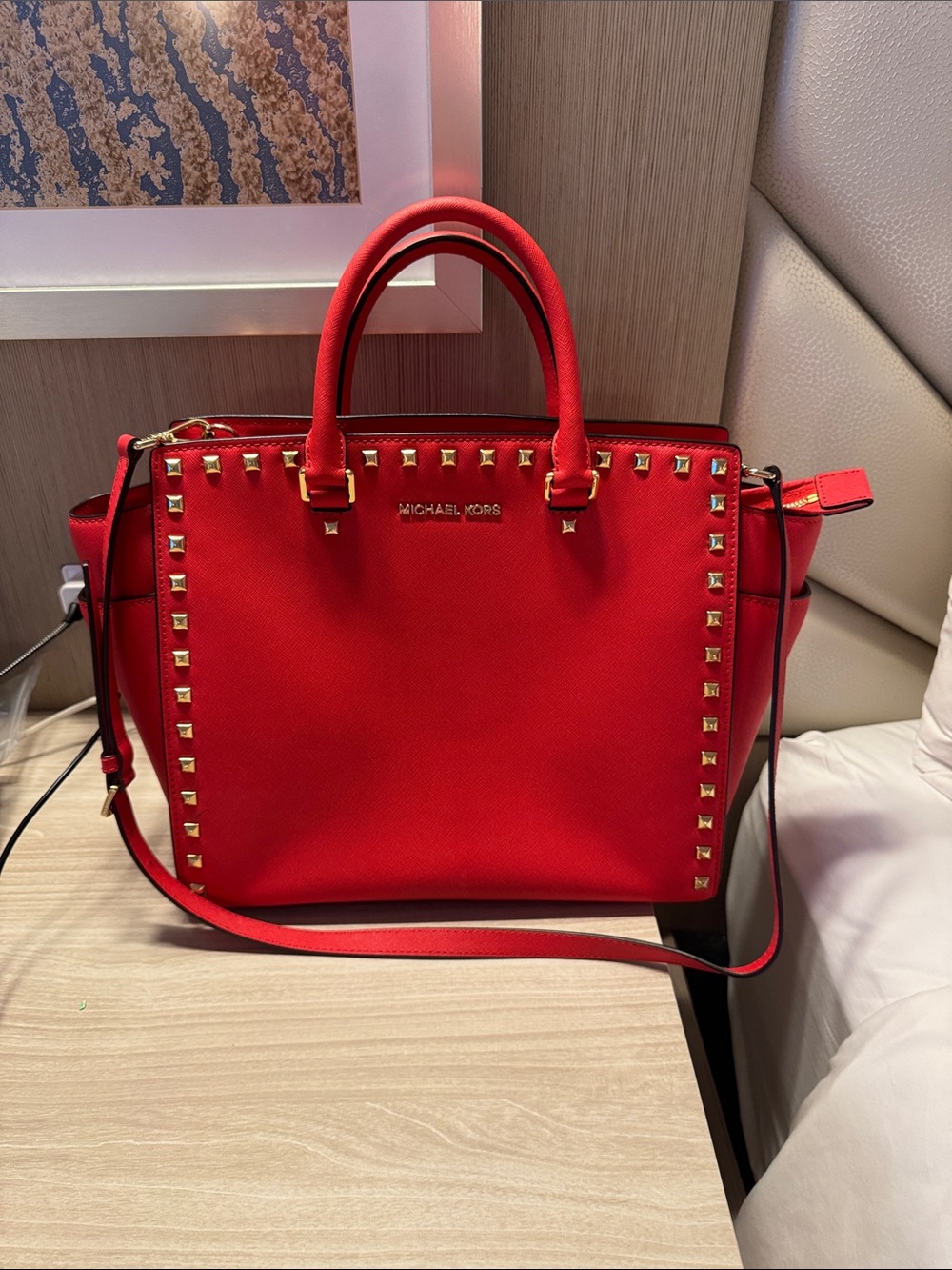Michael Kors Selma red studded saffiano leather satchel bag purse